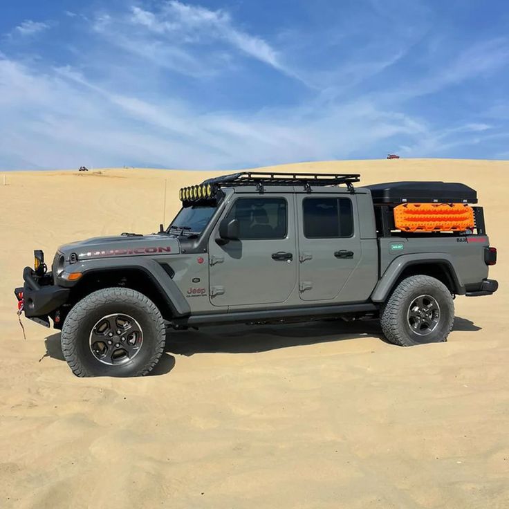 4-door gladiator with roofrack Jeep Gladiator Roof Rack, Jeep Jt, Jeep Jl, Rain Gutters, Gas Cans, Jeep Gladiator, The Rack, Life Is An Adventure, Roof Rack