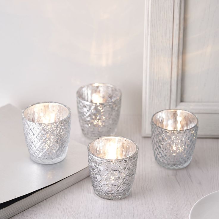 Silver Mercury Glass Candle Holders, Votive Tealight Holders - Assorted Geometric Designs Mercury Glass Candles, Mercury Glass Candle Holders, Mercury Glass Votives, Candle Lighting, Romantic Ambiance, Glass Votives, Glass Votive Candle Holders, Glass Votive Holders, Candle Light Dinner