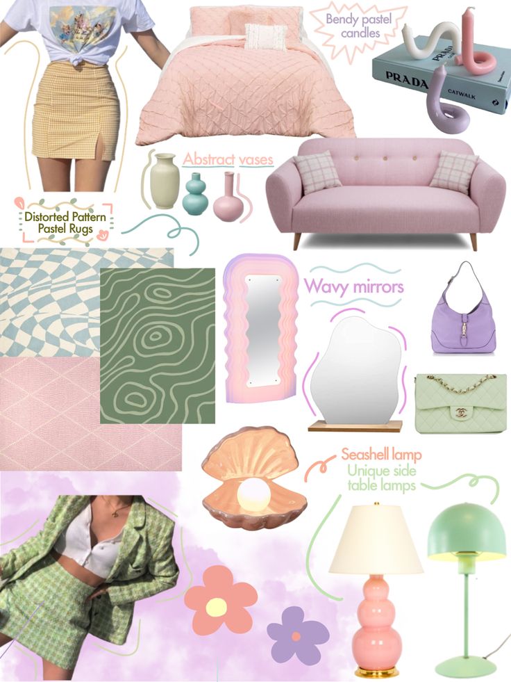 a collage of different items including a pink couch, lamp and other things on display