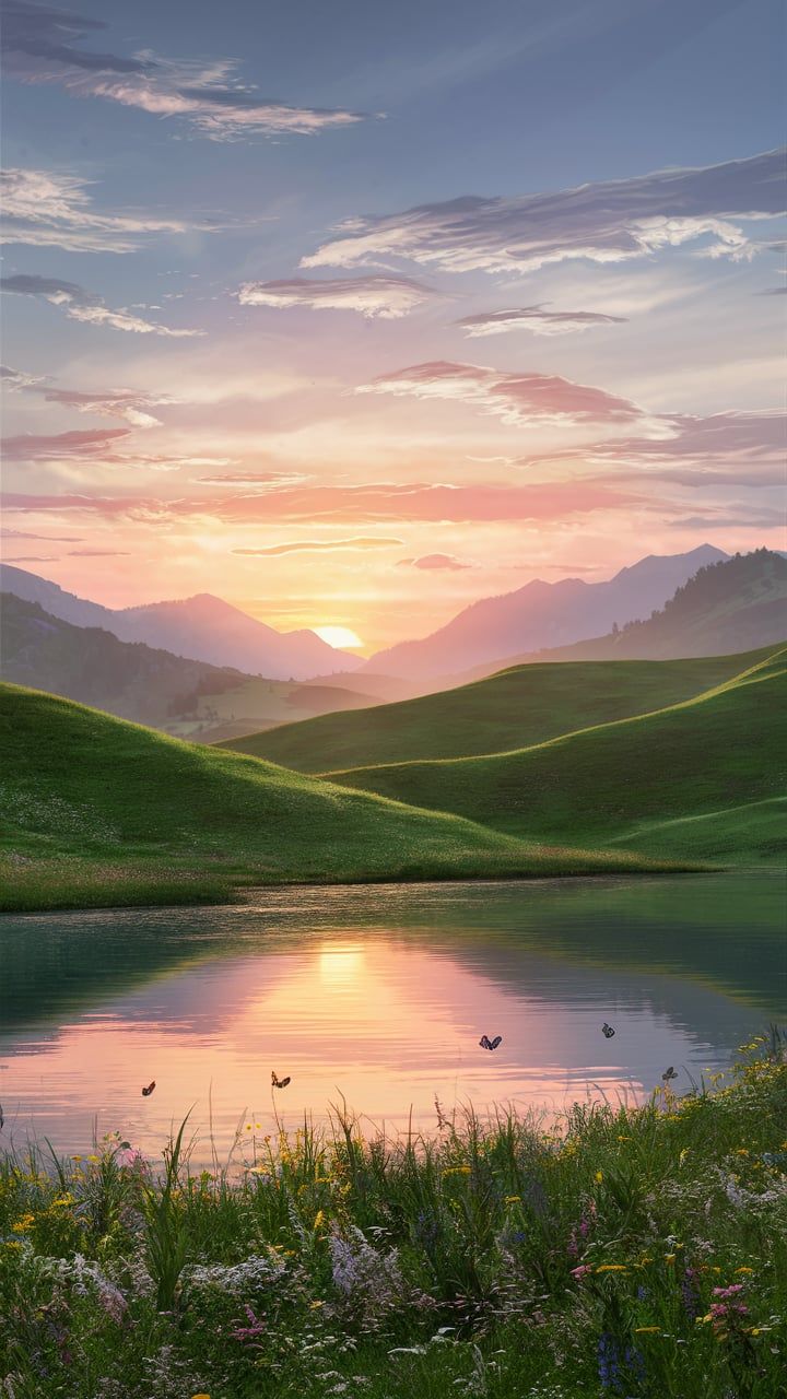 the sun is setting over a lake with ducks swimming in it and mountains in the background