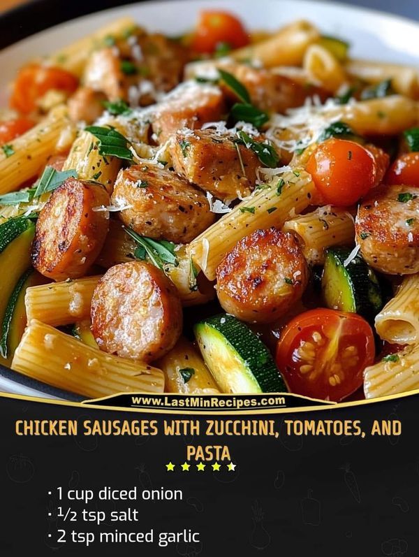 a plate of pasta with sausage, tomatoes and zucchini on it is shown