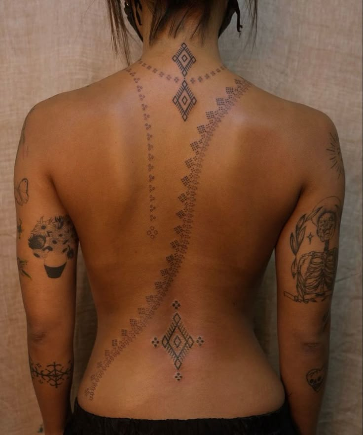 the back of a woman's body with tattoos on her upper and lower back