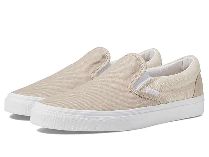 Vans Classic Slip-On - Skate Shoes : Summer Linen Natural : The one that started it all - the tried-and-true style and laid-back profile of the Vans Classic Slip-On shoes. Slip-on sneakers with uppers of canvas, leather, or suede. Durable upper for long lasting wear. Padded collar and footbed for added comfort, fit, and superior shock absorption. Cotton drill lining for excellent breathability and extra comfort. Die-cut EVA insert for added support. Vulcanized construction: &,#8226, Slimmed-down Casual Slip-on Sneakers With Vulcanized Sole For Skateboarding, Casual Slip-on Skate Shoes With Textured Sole, Casual Textile Skate Shoes With Cushioned Footbed, Comfortable Slip-on Skate Shoes With Vulcanized Sole, Casual Canvas Skate Shoes With Textured Sole, Low-top Canvas Slip-on Sneakers With Rubber Sole, Casual Slip-on Skate Shoes With White Sole, Casual Slip-on Sneakers With Round Toe For Skateboarding, Casual Round Toe Slip-on Sneakers For Skateboarding