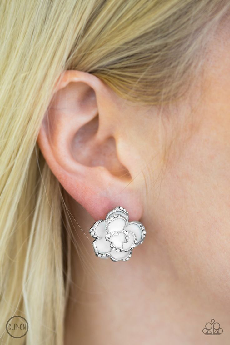 Rosebud Social White ✧ Clip-On Earrings Clip-On Earrings Mobile Boutique, Paparazzi Accessories, White Rhinestone, Affordable Jewelry, Paparazzi Jewelry, White Earrings, Rose Buds, Flower Earrings, Fashion Boutique