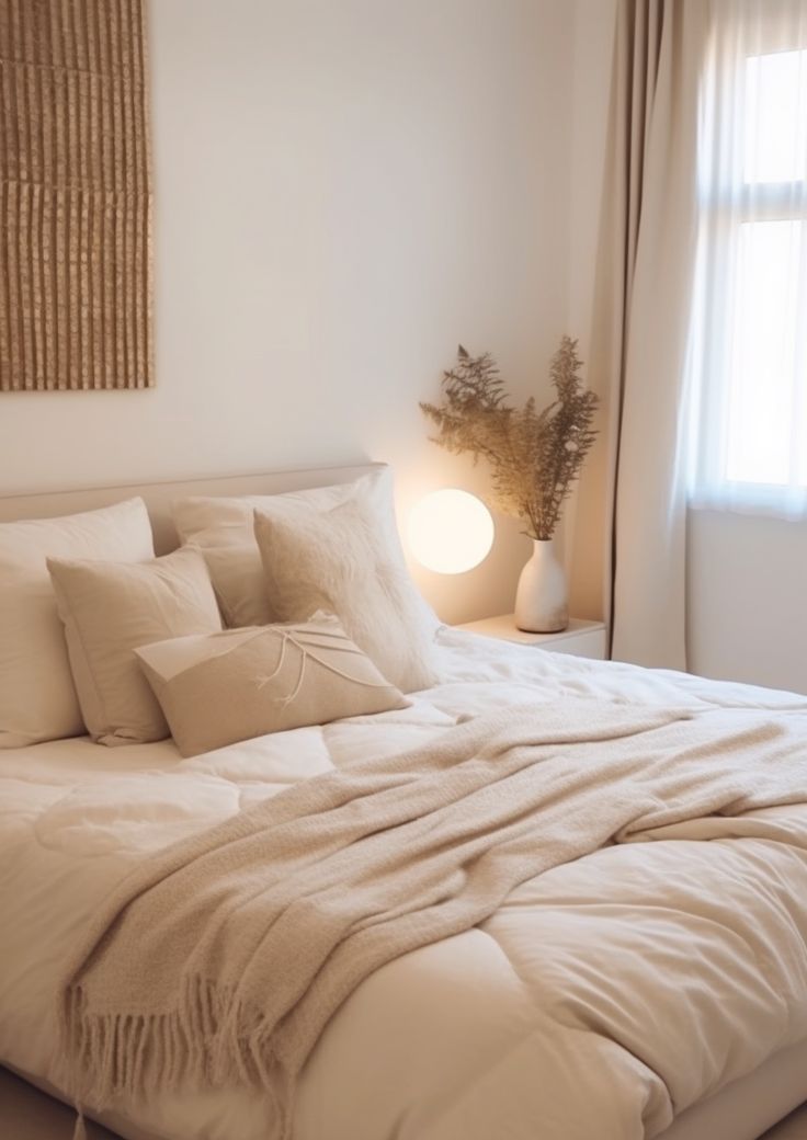 a bed with white linens and pillows in a bedroom next to a large window