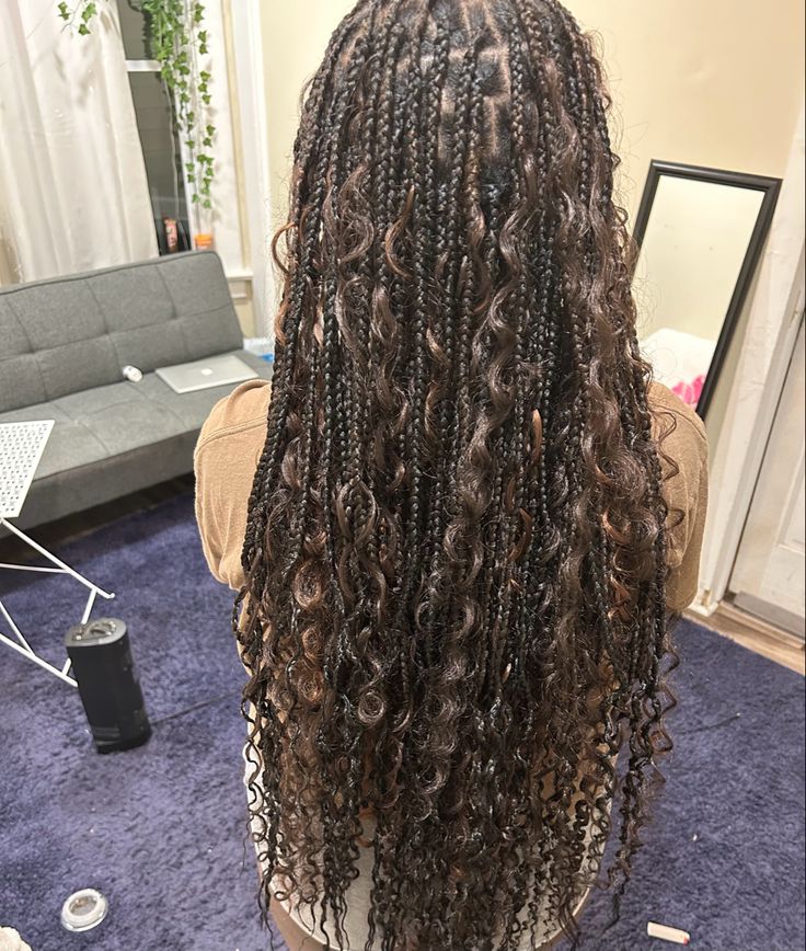 Bohemian Goddess Braids Ginger, Brown Braids Goddess, Black Goddess Braids With Brown Curls, Black Braids Brown Curls, Bohemian Braids Brown And Black, Bohohemian Braids, Black Boho Braids With Brown Curls, Dark Brown And Black Braids, Boho Mermaid Box Braids