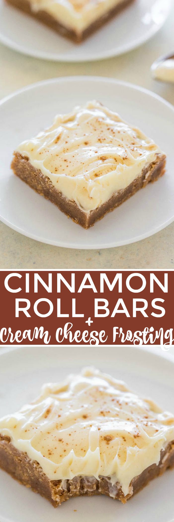 cinnamon roll bars are topped with cream cheese frosting on white plates, ready to be eaten