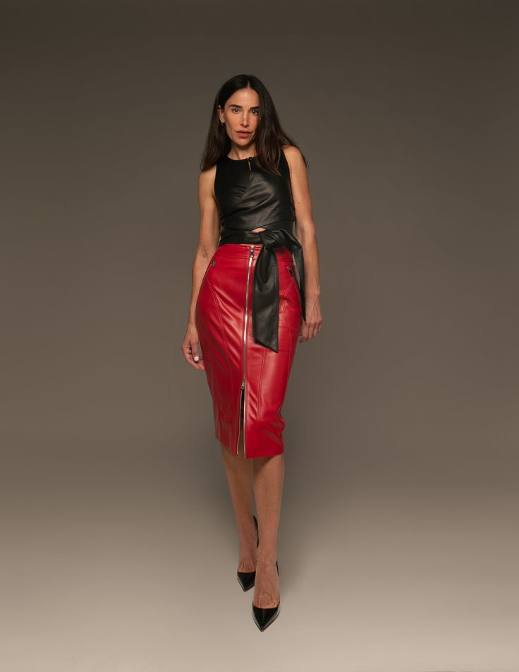 Discreet leather skirt with an edgy feel Features a full zip closure at the front and 2 zip pockets Measures approx. 27" length Hem falls below the knee Pencil cut 100% leather Size chart in the pictures for your convenience True to size Care: professional leather clean only Model Measurements Height: 5'8" Bust: 88cm Waist: 67cm Hips: 89cm model is wearing a size SMALL For returns and exchanges, please read terms and conditions on our website SHIPPING DATE can sometimes take from 5-10 business d Fitted Leather Skirt With Side Zipper, Leather Skirt With Zipper For Night Out, Leather Skirt With Zipper Closure For Night Out, Leather Skirt With Side Zipper For Night Out, Tight Pencil Skirt, Red Pencil Skirt, Leather Cleaning, Skirt Pants, Model Measurements