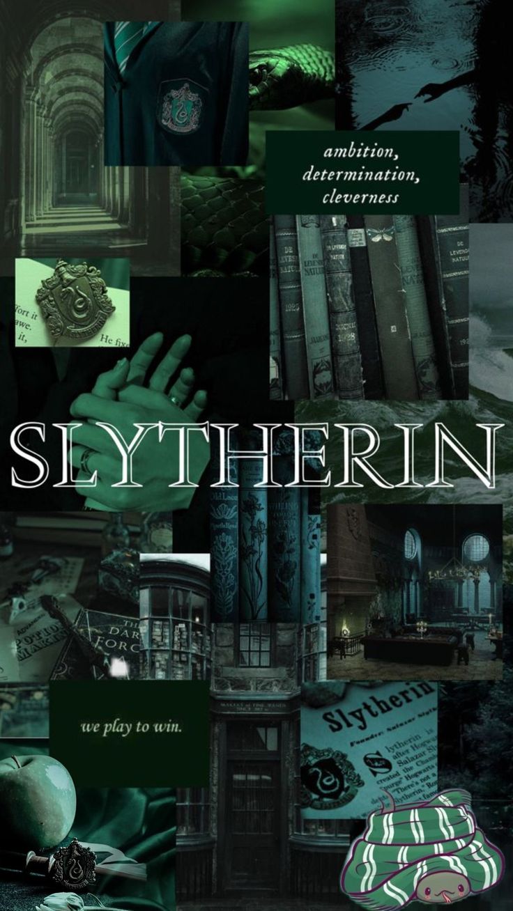 the cover of slytherin, with images of books and hands in green tones