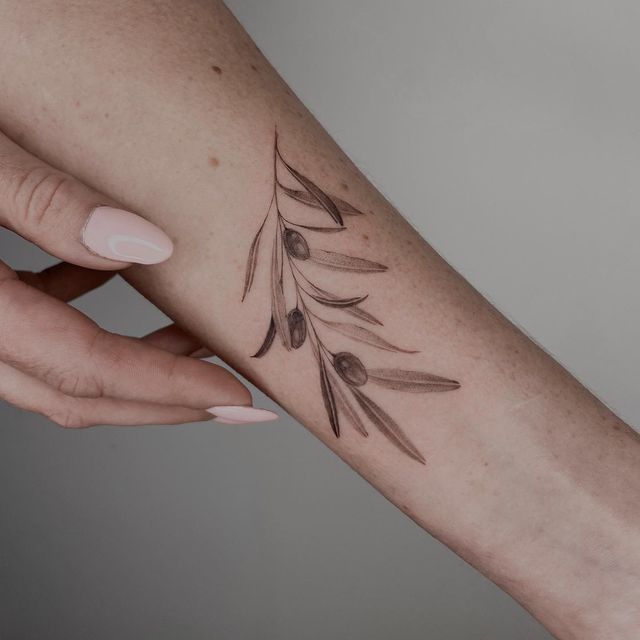 a woman's arm with an olive branch tattoo on it