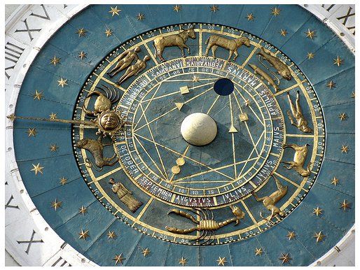 a large clock with animals and zodiac signs on it