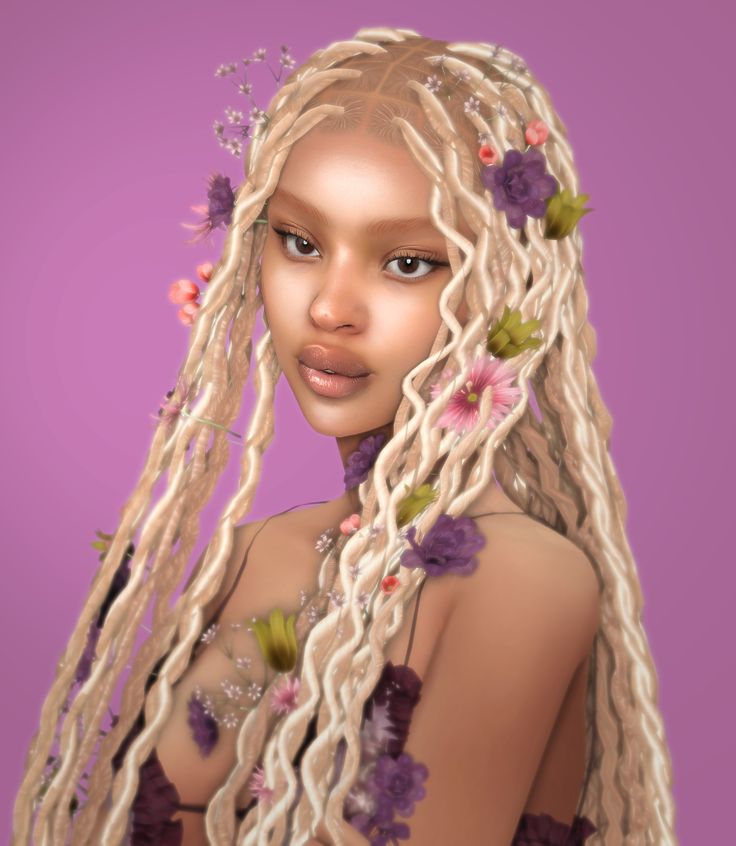 an image of a woman with dreadlocks and flowers on her head, in front of a purple background