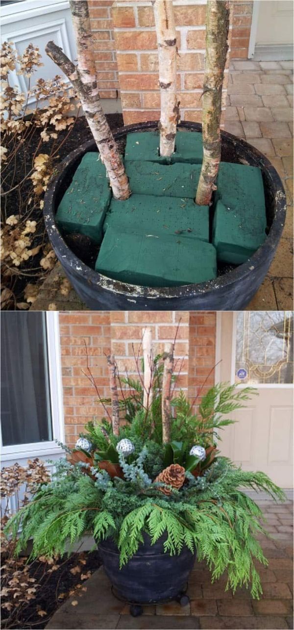 two pictures showing the same planter in different stages of being used as an outdoor decoration