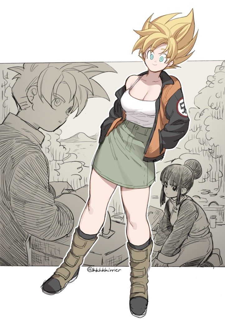 an anime character with blonde hair standing in front of a drawing