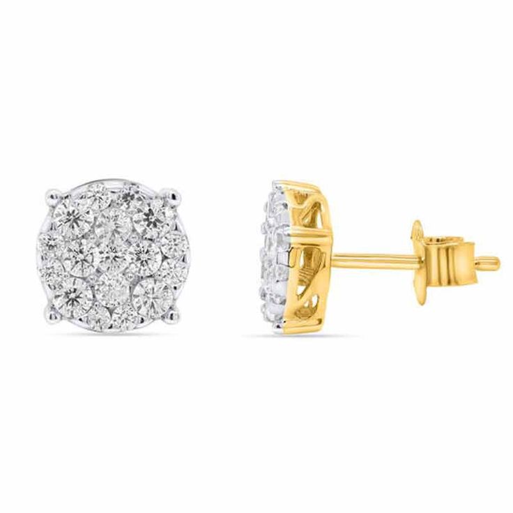 BRILLIANT DIAMONDS – The focal point of these earrings is the diamonds, carefully selected for their quality and brilliance. They offer a touch of sparkle and sophistication, making them perfect for adding a touch of glamour to any outfit.GOLD-PLATED STERLING SILVER – Crafted from high-quality sterling silver with a gold-plated finish, these earrings not only exude charm but also offer lasting shine and durability. The combination of gold, silver, and diamonds creates a striking contrast that el Sparkling Diamond Cluster Earrings For Anniversary, Dazzling Cluster Earrings With Brilliant Cut, Classic Sparkling Diamond Cluster Earrings, Dazzling Cluster Diamond Earrings With Prong Setting, Dazzling Diamond Cluster Earrings With Pave Setting, Luxury Round Cut Sparkling Diamond Earrings, Cluster Earrings In White With Brilliant Cut, Bridal Earrings With Pave Setting In Diamond White, Luxury Sparkling Round Cut Diamond Earrings