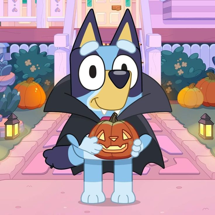 a cartoon cat holding a pumpkin in front of a building