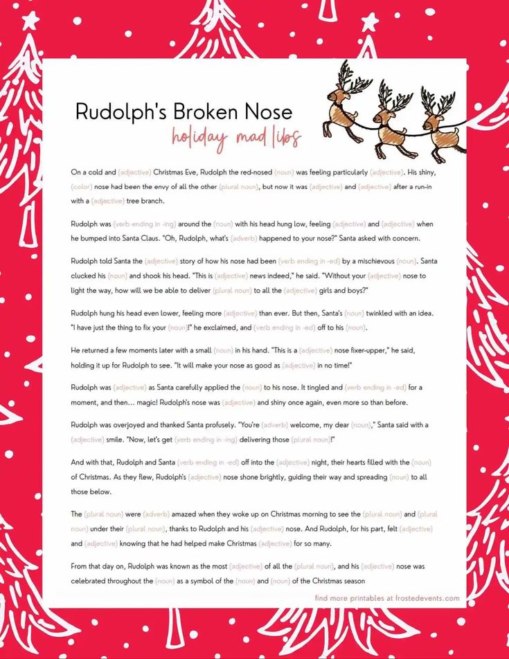 rudolph's broken nose holiday reading log with reindeers and snowflakes in the background