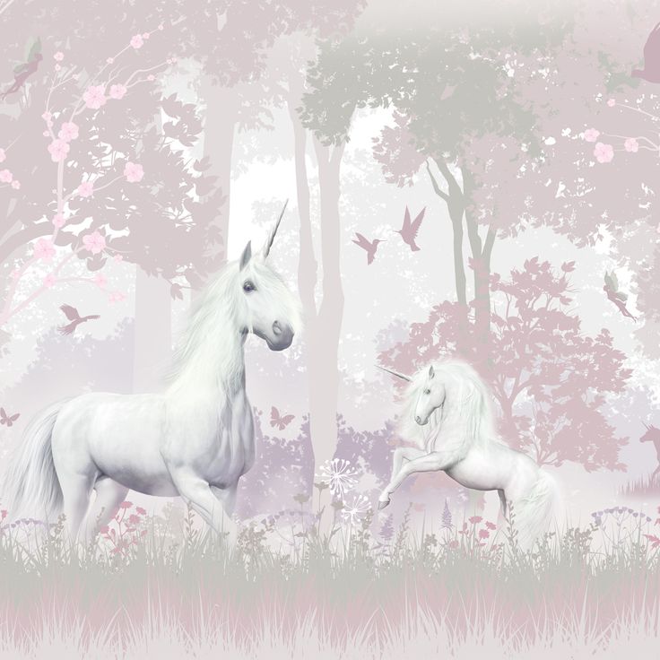 two white unicorns in the middle of a pink forest