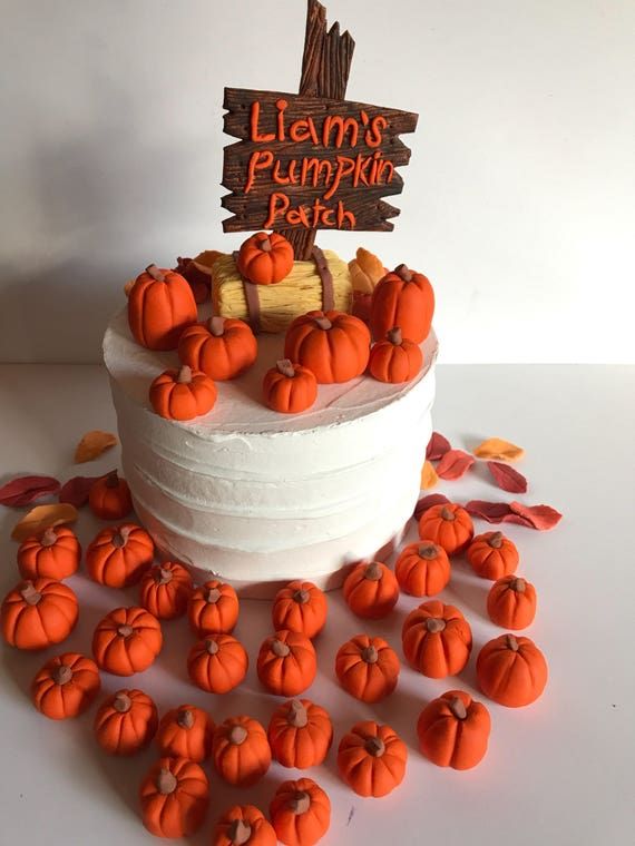 there is a cake that has been decorated with pumpkins