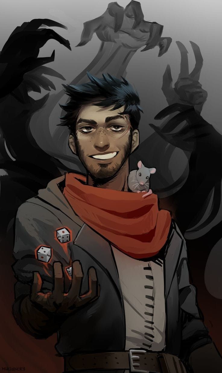 a drawing of a man with black hair and a red scarf on his neck holding dices