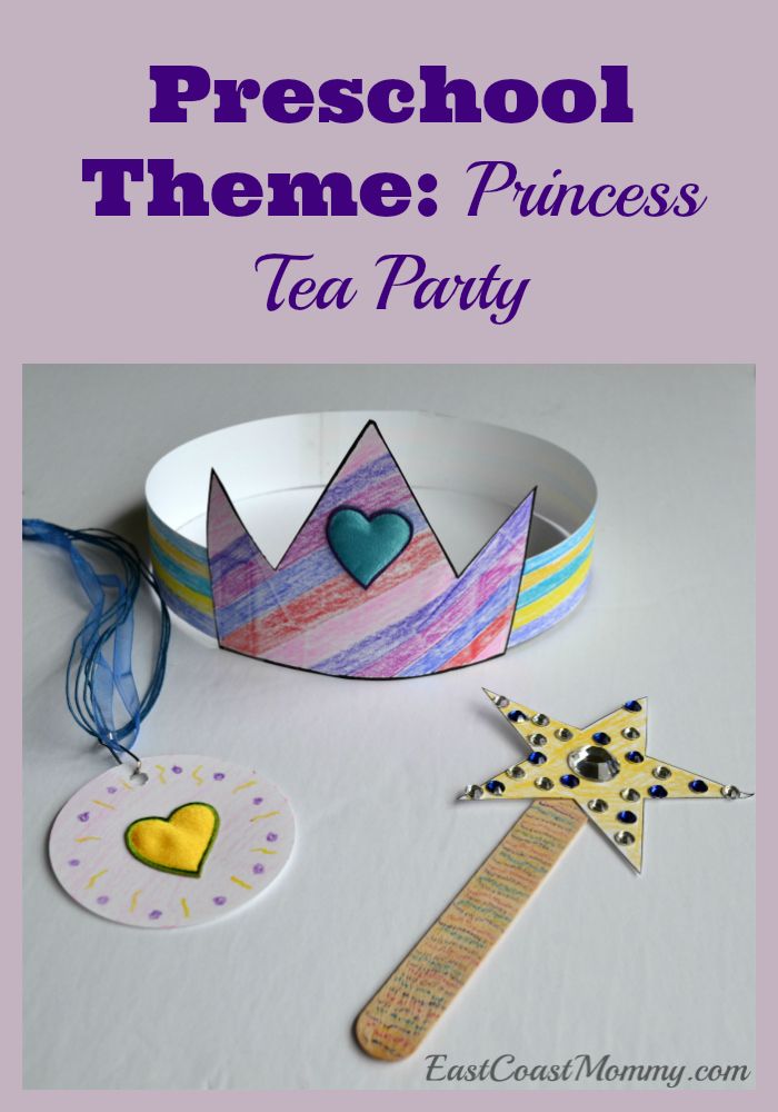 there is a paper crown and other items on the table with text that reads preschool theme princess tea party