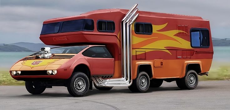 an orange and yellow truck with a camper on it's back end is parked in front of the ocean