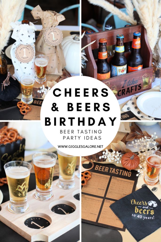 a collage of photos with beer and other items on the table for a birthday party