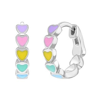 A lovely pair of hoop earrings beautifully designed with a fun and vibrant enamel heart detailing that will make your little girl instantly smile. This beautiful enamel heart huggie hoops feature a beautiful lavender, yellow, pink, teal and blue enamel colors to show off the rainbow in a fun and unique way. These beautiful hinged hoops are crafted from a 925 sterling silver, so it is safe and comfortable for young girls. Packed in a cute gift box for easy gifting. Enamel Huggie Earrings Perfect For Gifts, Cute Sterling Silver Hoop Earrings, Trendy Enamel Huggie Earrings, Cute Hypoallergenic Huggie Hoop Earrings, Cute Huggie Hoop Earrings For Valentine's Day, Valentine's Day Cute Huggie Hoop Earrings, Cute Huggie Hoop Earrings, Multicolor Huggie Hoop Earrings, Cute Hypoallergenic Huggie Earrings