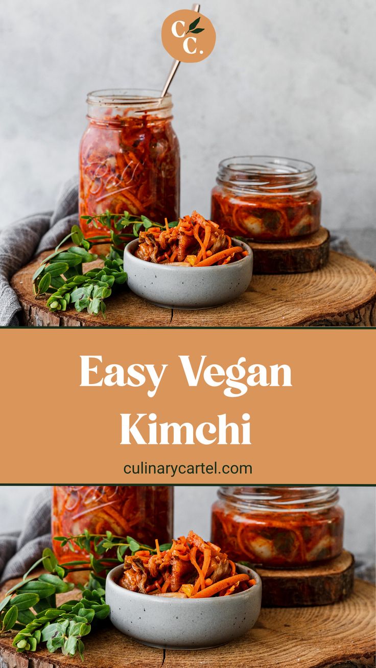 easy vegan kimchi recipe in jars on a wooden board with text overlay