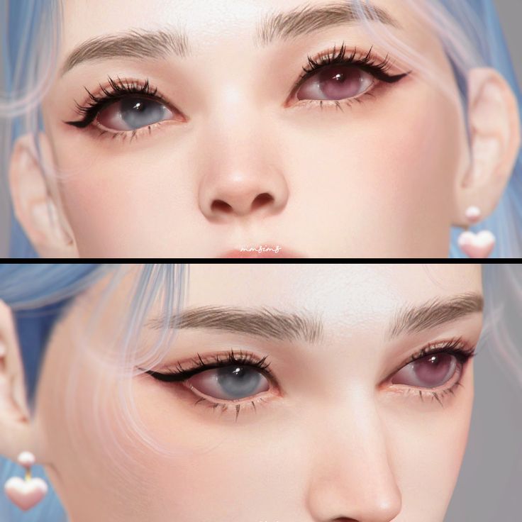 two pictures of the same woman's face with blue hair and pink eyes, one is