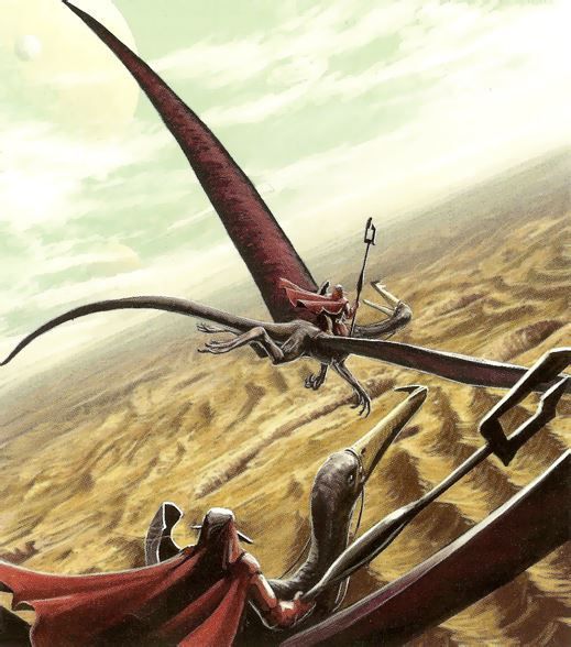 an artist's depiction of two giant birds attacking each other in the desert,