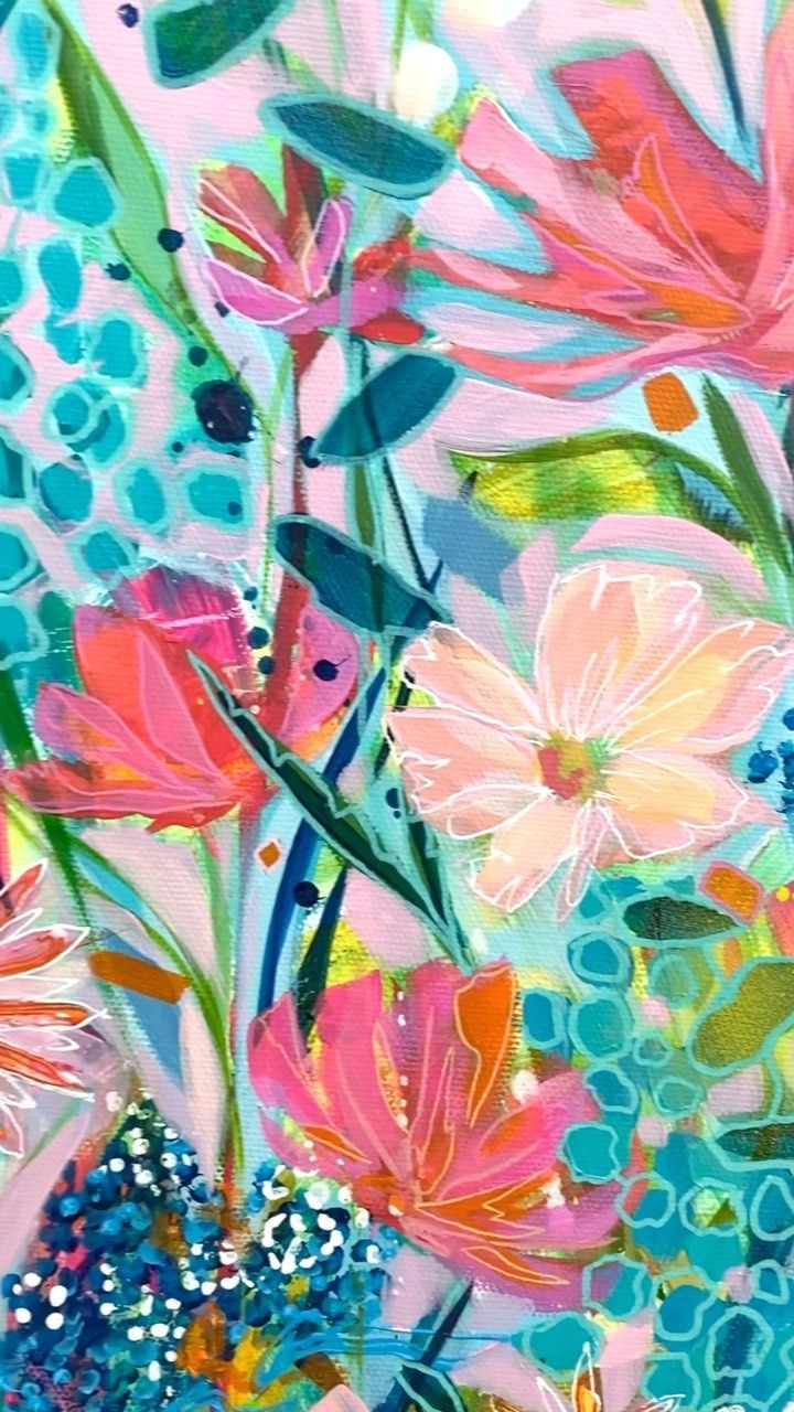 an abstract painting of flowers and leaves in blue, pink, green, orange and white colors