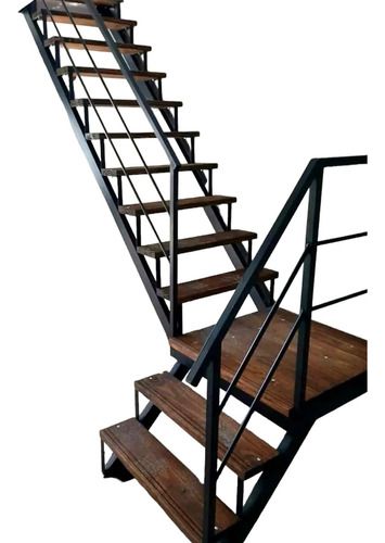 a set of stairs with wooden treads and metal handrails on an isolated white background