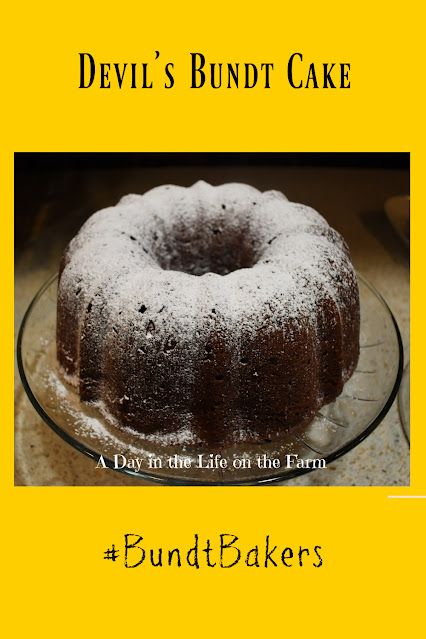 devil's bundt cake on a glass plate with the words devil's bundt cake