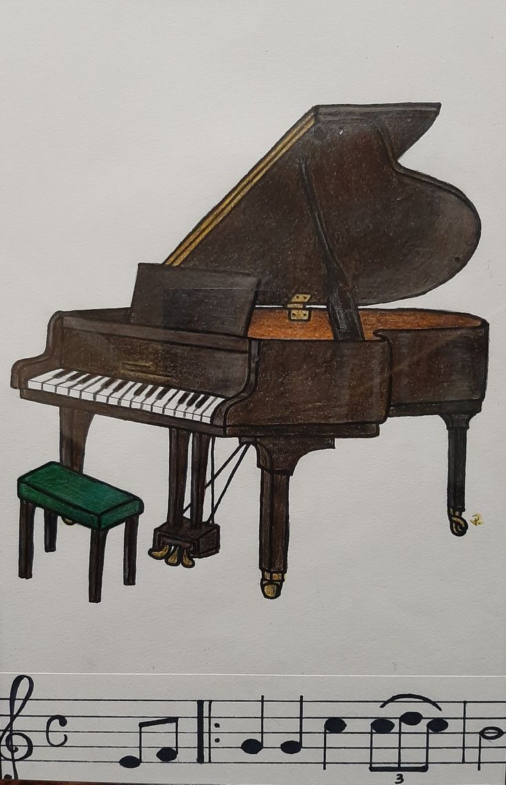 a drawing of a piano and stool with musical notes