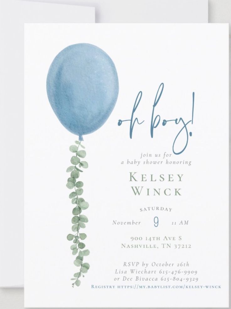 a baby shower is shown with a blue balloon and greenery on the bottom of it