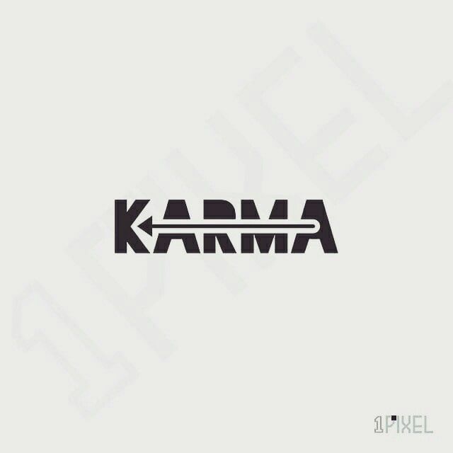 the word karma is written in black and white on a gray background with an arrow