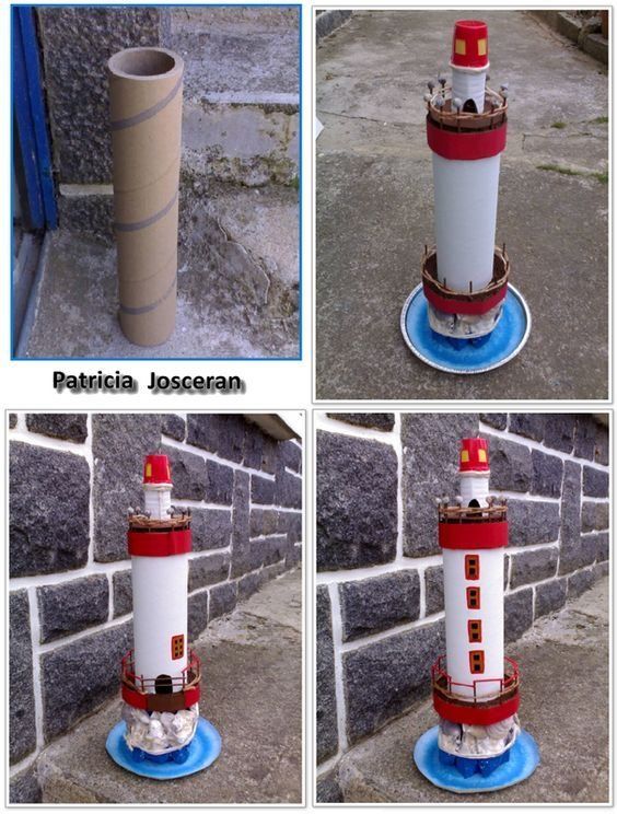 there are four different pictures of a lighthouse on the ground and in front of a brick wall