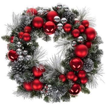 a christmas wreath with red and silver ornaments