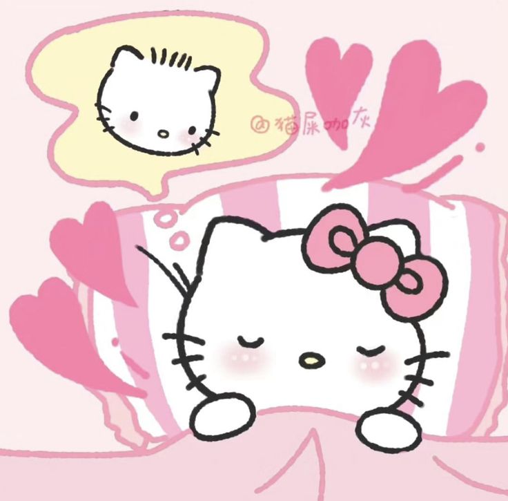 a hello kitty wallpaper with hearts and a cat sleeping on top of the bed