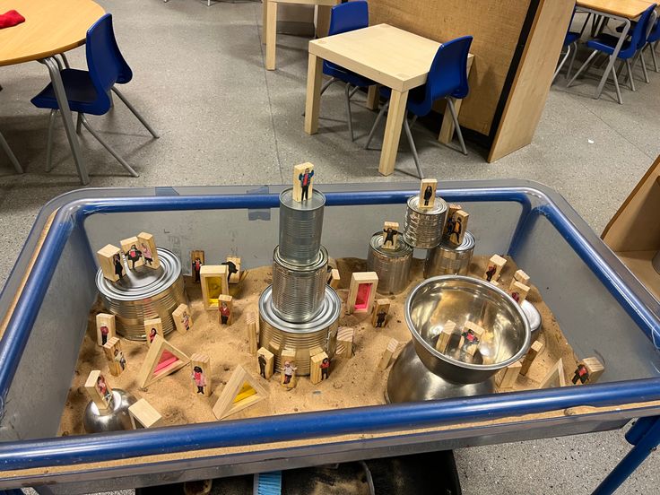 there is a sand tray in the middle of a room with various items on it