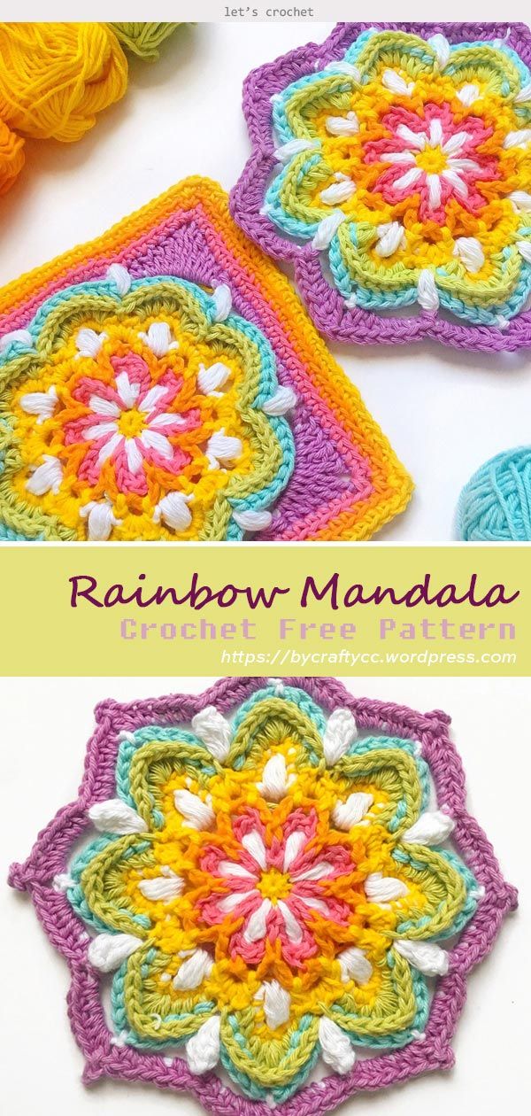 two crocheted coasters with the words rainbow manana written in white and yellow