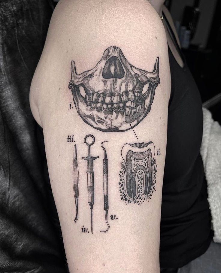 a woman with a tattoo on her arm has an image of a skull and tools