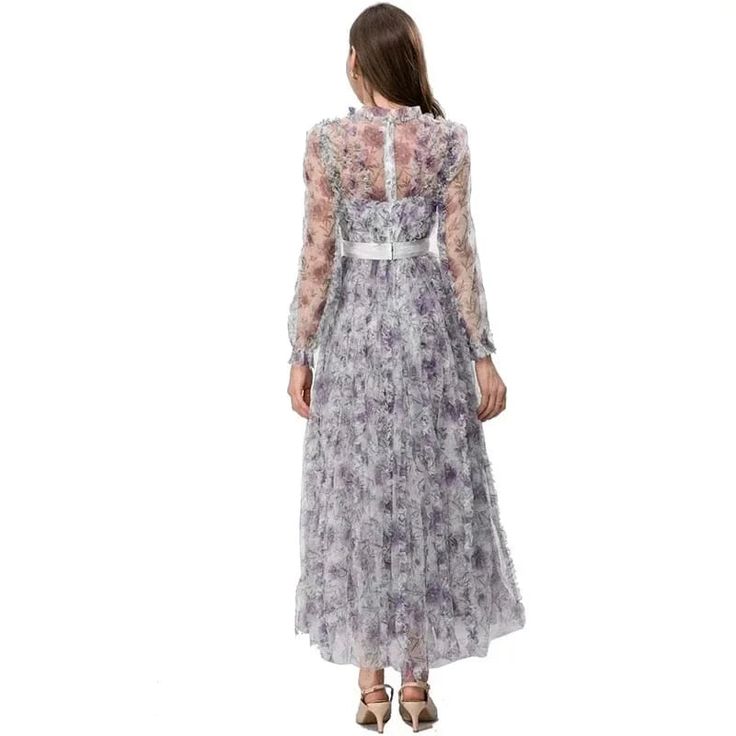 The "Winslet" long sleeve dress offers an unmatched blend of high-street fashion and casual elegance. that makes this a must-have wardrobe addition. Featuring a breathable polyester-mesh fabric composition. intricate vintage floral embroidery. decorative mid-drift sash and flowing pleated construction. Don't miss out on one of this season's most coveted pieces. Standard US/EU Sizing. Designed for style and comfort Open v-neck collar Full length lantern sleeves Back zipper closure Material: polyester. mesh Spring Lace Dress With Sheer Sleeves, Long Sleeve Maxi Dress With Lace Trim For Evening, Spring Formal Sheer Maxi Dress, Evening Long Sleeve Maxi Dress With Lace Trim, Long Lace Dress For Fall, Long Lace Fall Dress, Formal Spring Maxi Dress With Floral Embroidery, Spring Lace Long Maxi Dress, Formal Maxi Dress With Lace Patchwork And Long Sleeves