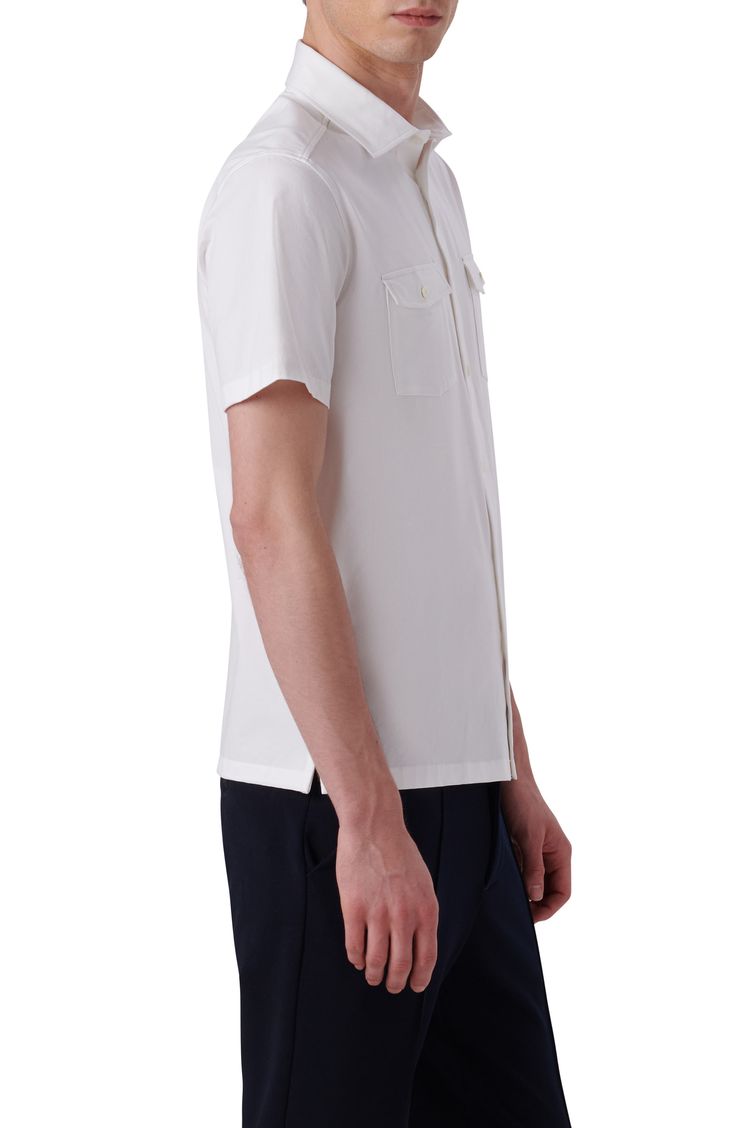 Button-flap pockets sharpen this shirt knit from breathable, eight-way-stretch OoohCotton that resists wrinkles to keep you polished and comfortable. 30" length; 42" chest (size Medium) Spread collar Short sleeves 92% cotton, 8% spandex Machine wash, dry flat Imported White Short Sleeve Shirt With Spread Collar And Pockets, White Short Sleeve Shirt With Pockets And Spread Collar, White Short Sleeve Work Shirt With Pockets, Fitted Polo Collar Shirt With Pockets, Fitted Shirt With Pockets And Polo Collar, White Collared Shirt With Welt Pockets, Modern Button-up Tops With Flap Pockets, Classic Collared Shirt With Side Pockets, Workwear Tops With Functional Buttons And Short Sleeves