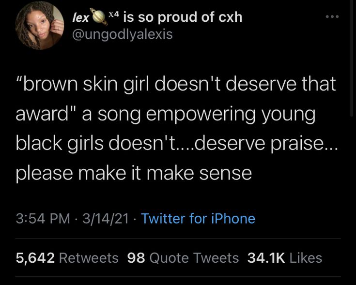 the tweet is posted to someone on their cell phone, and it says brown skin doesn't observe that award