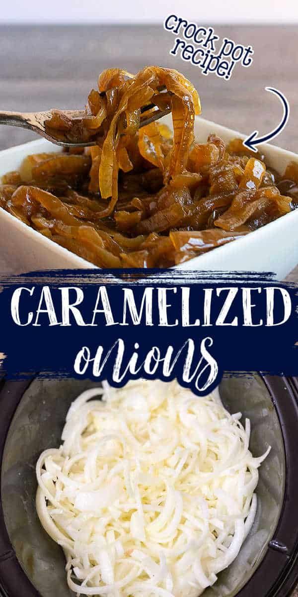 an image of caramelized onions being cooked in the slow cooker with text overlay