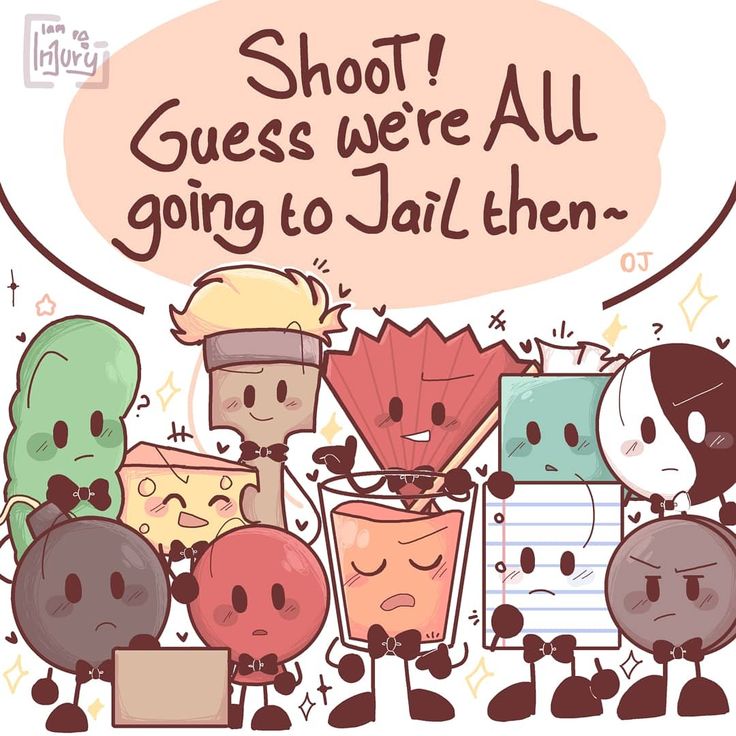 an image of some cartoon characters with a speech bubble above them that says shoot guess we're all going to jail then