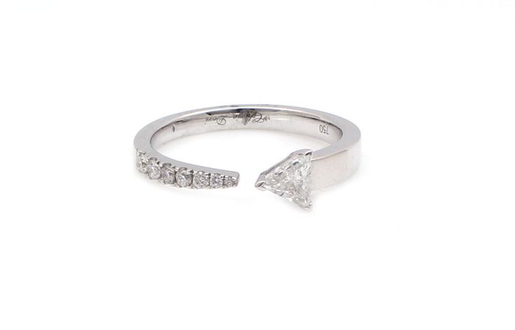 18K white gold with 7 diamonds .11ct and one diamond .29ct, size 6 1/2 Triangle Diamond Ring, Triangle Diamond, Diamond Ring, Diamonds, White Gold, Size 6, Ring, Gold, White