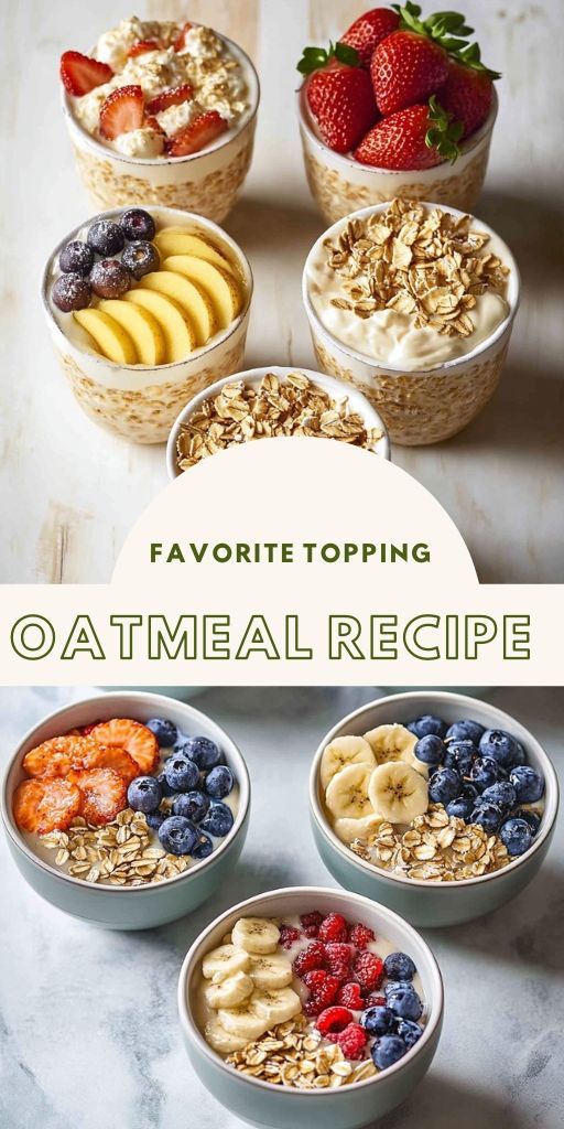 four bowls filled with oatmeal and fruit sitting on top of a table